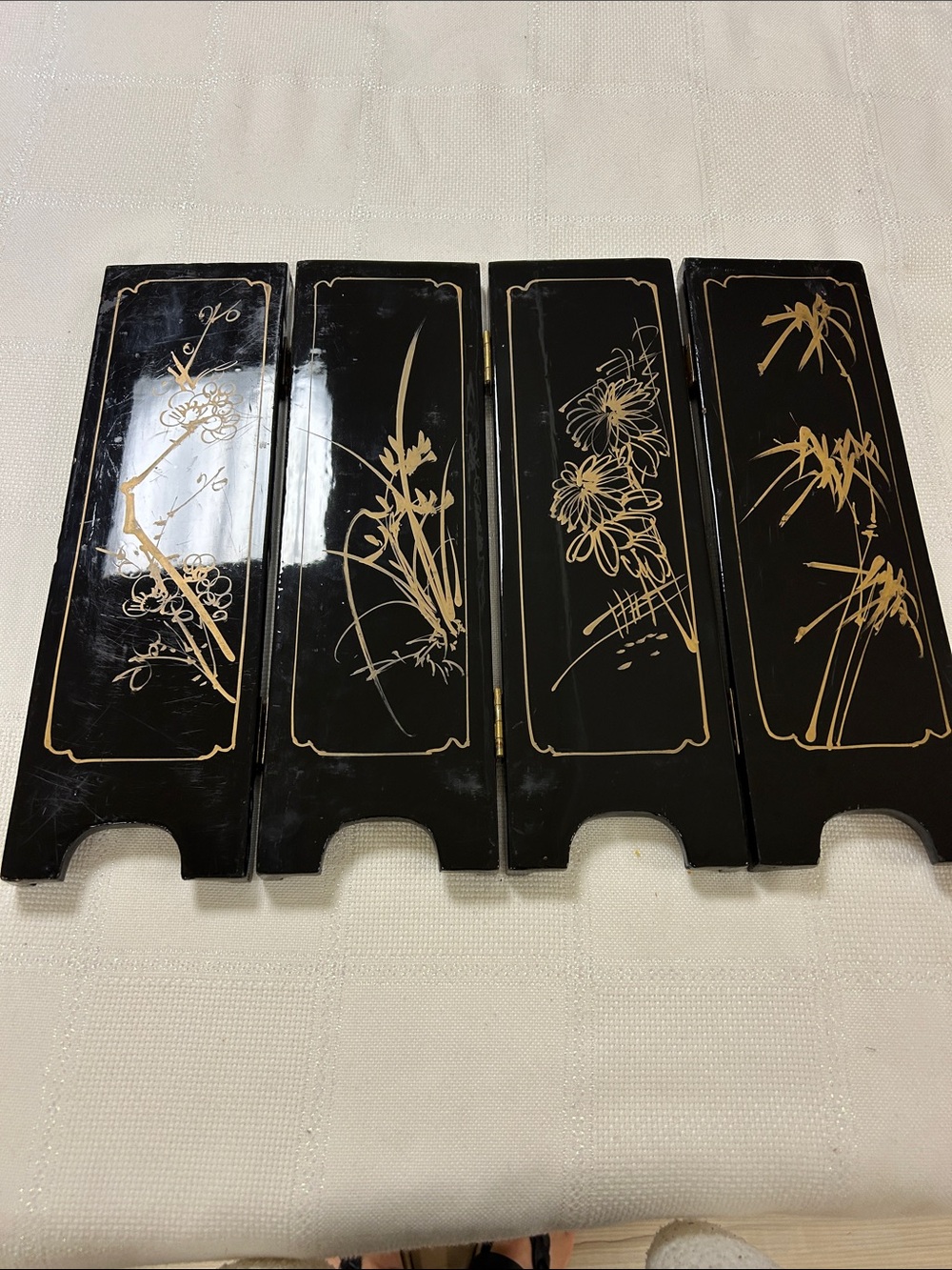 Miniature Chinese black lacquer four panel table top folding screen image 8
